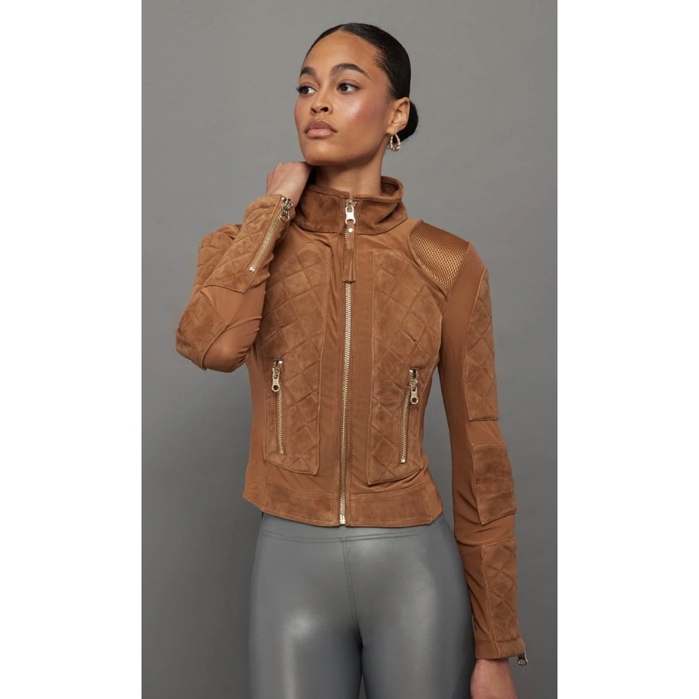 Blanc Noir Mesh Suede Moto Jacket Brown Sugar Gold XS